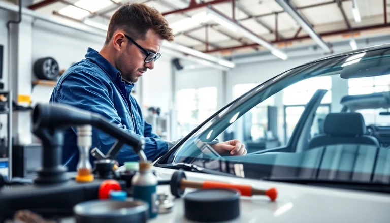 Auto glass replacement Westminster CO in action, highlighting a technician skillfully installing a windshield.