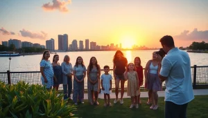 Tampa Bay photographers capturing joyful moments during a family portrait session at sunset by the waterfront.