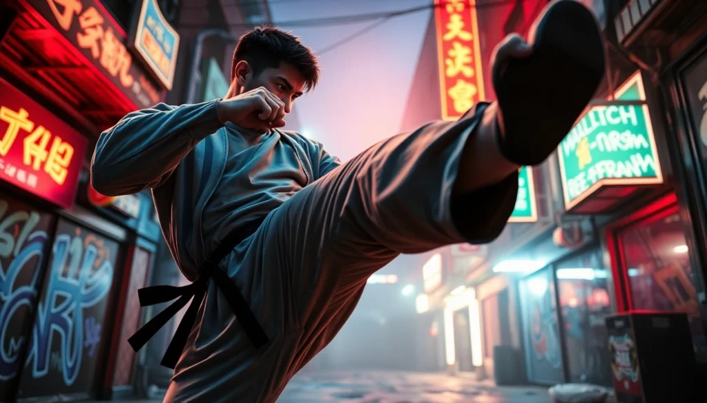 Experience thrilling action in a Martial Arts Thriller with a skilled fighter in a dynamic urban setting.