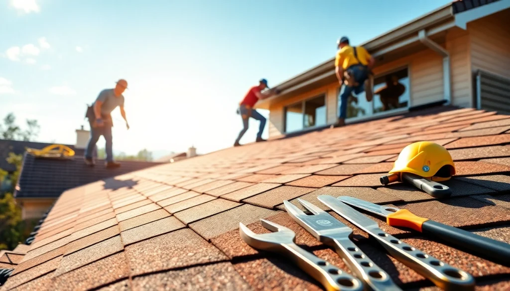 Installers providing high-quality roofing solutions on a residential property with vibrant shingles.