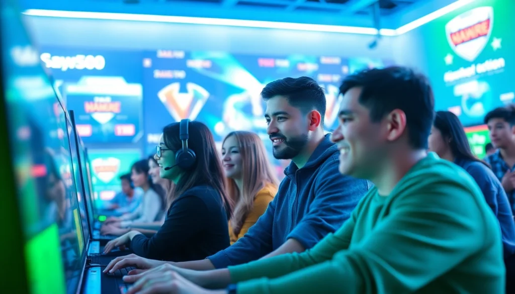 Aksi seru dalam mawar500 login game menampilkan para pemain yang penuh semangat di latar belakang digital yang cerah.