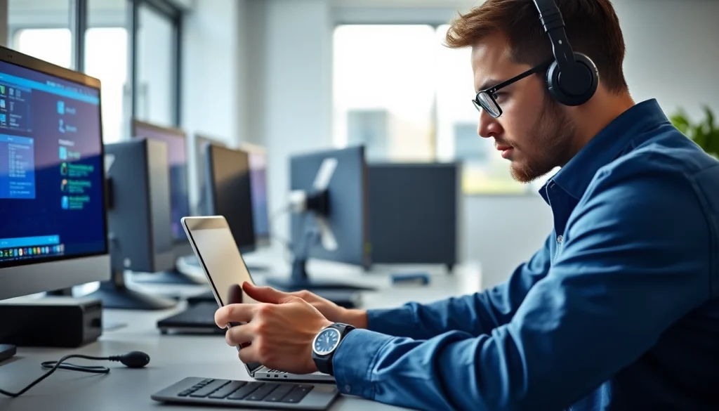 Technician providing computer support by troubleshooting a laptop in a well-lit office.