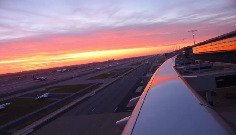 Capture the vibrant atmosphere of Manchester Airport with planes in motion at sunset.