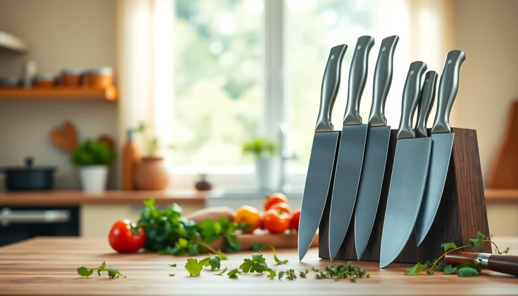 Showcase a premium knife set NZ arranged on a wooden countertop with fresh ingredients.
