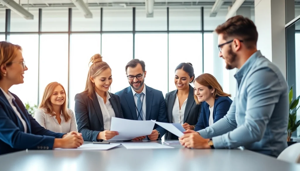 Engaging scene of Quickplus Business Consultants assisting clients in a modern office setting.