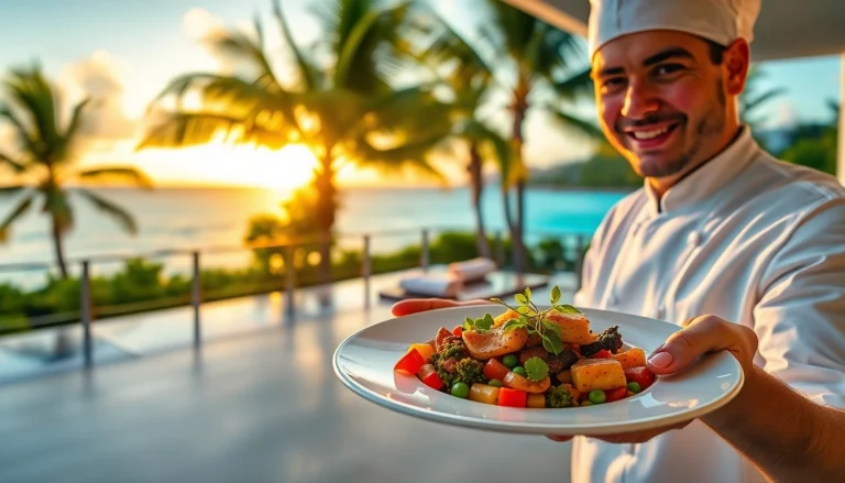 Gourmet meal by private chef Sint Maarten presented on a scenic terrace at sunset.
