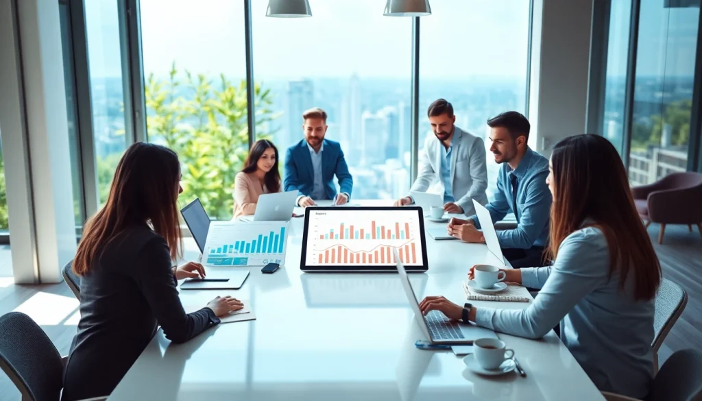 SEO company professionals strategizing in a bright office setting with modern technology.