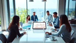 SEO company professionals strategizing in a bright office setting with modern technology.