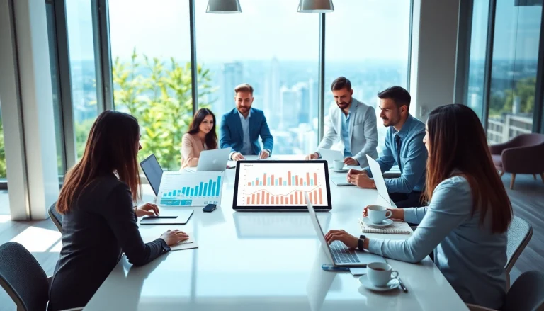 SEO company professionals strategizing in a bright office setting with modern technology.