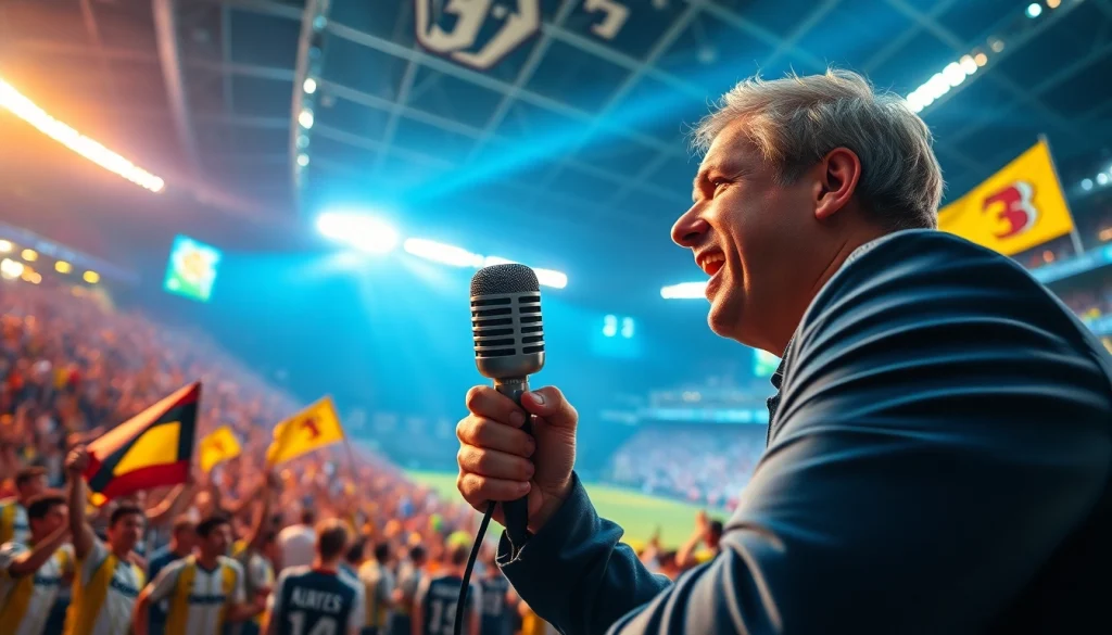 스포츠중계 실시간 중계 중인 스포츠 해설자의 열정적인 모습과 관중들.