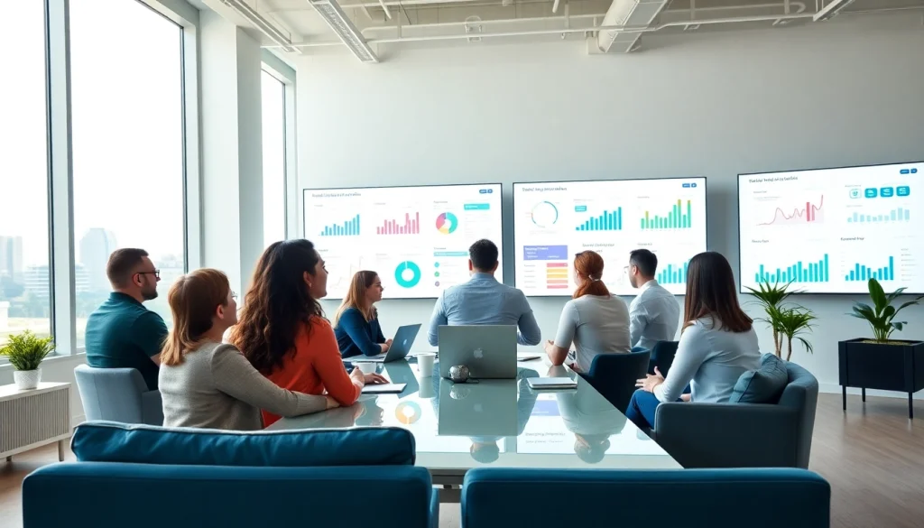 Engaged team analyzing smm panel insights in a modern office setting.