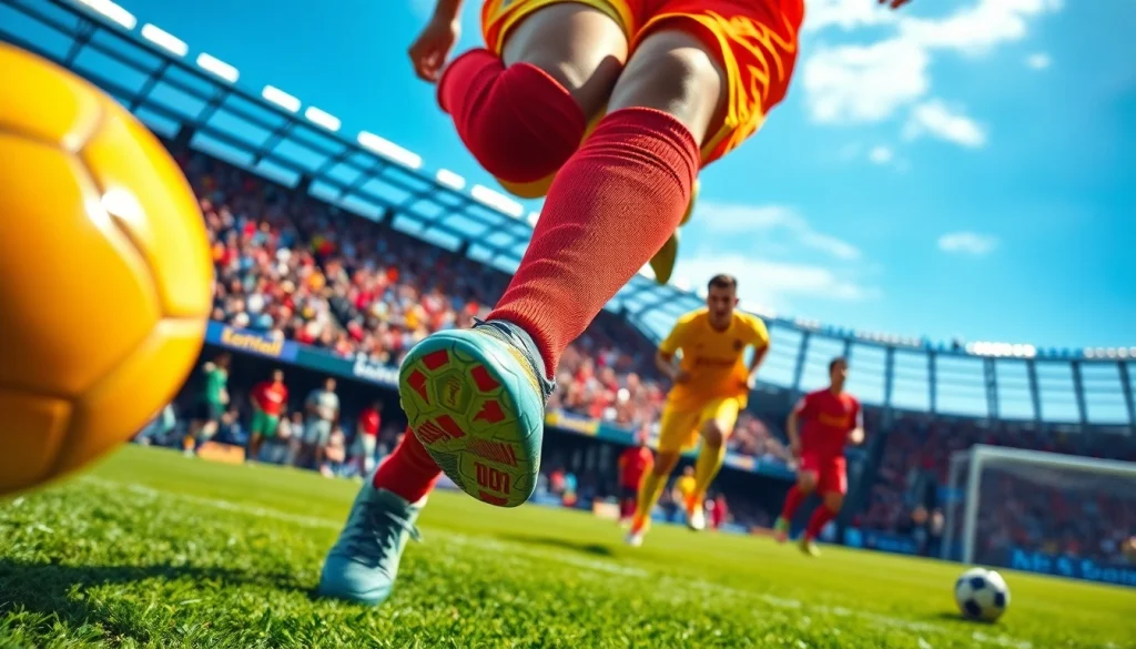 Showcase of vibrant football kits with a player in action on the field during a match.