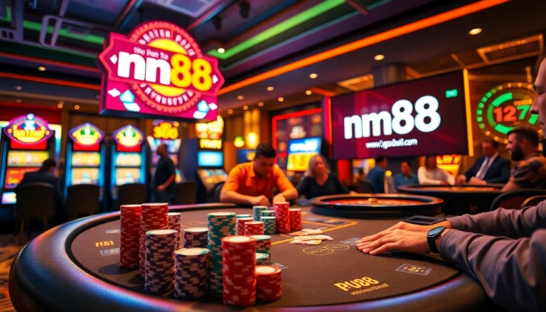 Experience the thrill of mm88 in a bustling casino atmosphere highlighting exciting poker games and vibrant slot machines.