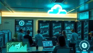 Visual representation of cloud mining operations with digital interfaces and professionals discussing strategies.