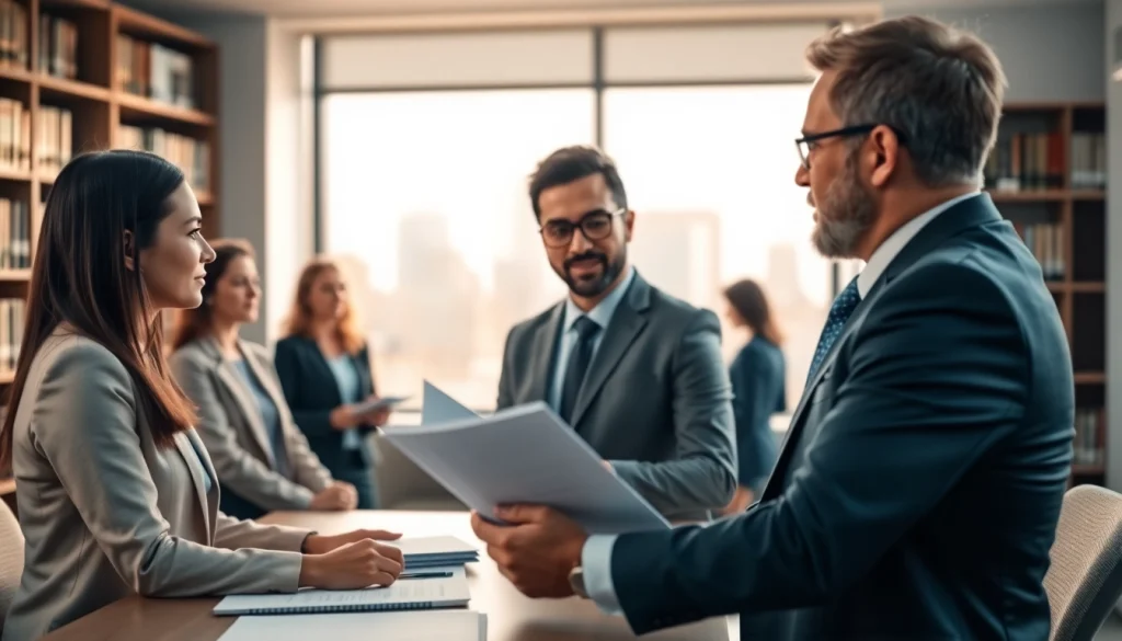 Clients receiving legal advice at https://www.ihavealawsuit.com in a modern law office setting.