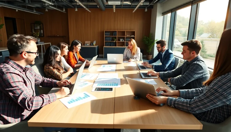 Engaging scene of B2B mystery shopping discussions showcasing analytical teamwork in a modern office.