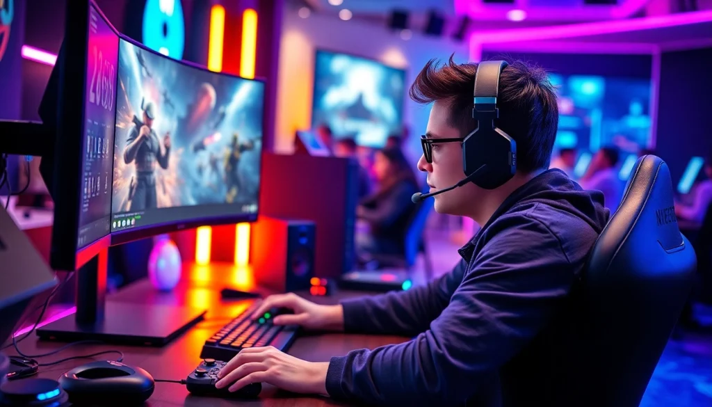 Engage with https://gamelevate.com through an energetic gaming scene showcasing a gamer in action.