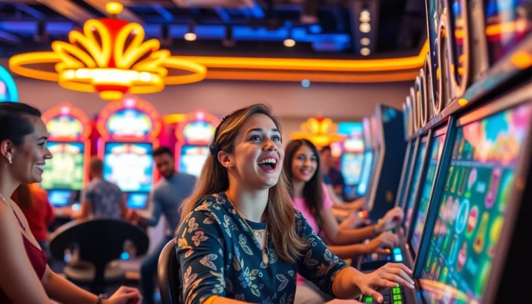 Engaging online gaming experience featuring players at https://rusia777.com amidst vibrant electronic devices.