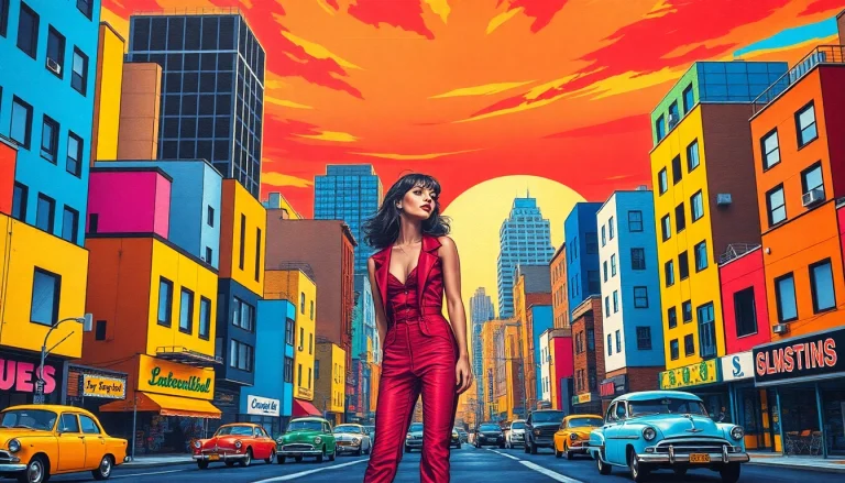 Artistic pop art canvas featuring a vibrant cityscape with a stylish figure.