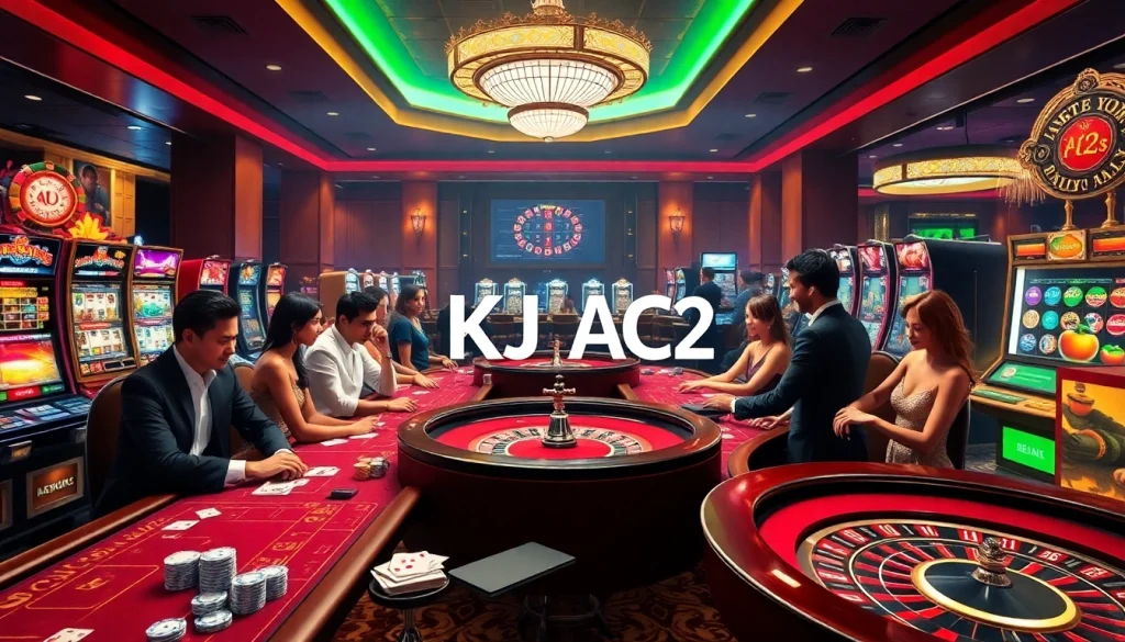A thrilling casino atmosphere featuring KJC AC 2 with players engaged in poker and roulette.
