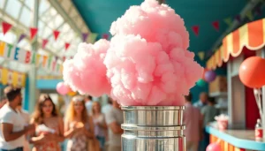 Geniet van wafel katoen van een kleurrijke suikerspinmachine op een festival.