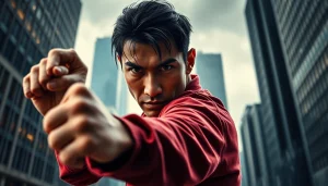 Martial Arts Thriller scene featuring a martial artist in an intense action pose against a gritty urban backdrop.
