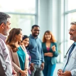 Engaging discussion on Health in a modern clinic setting with a diverse group.