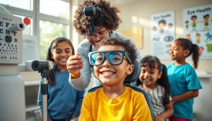 Promoting Our Children's Vision by showcasing children receiving eye care in a welcoming clinic.