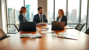 Real Estate agent engaging clients in modern office setting with city views.