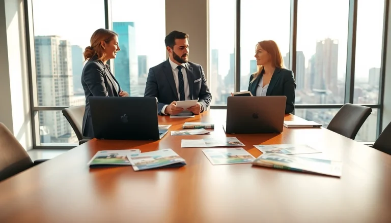 Real Estate agent engaging clients in modern office setting with city views.