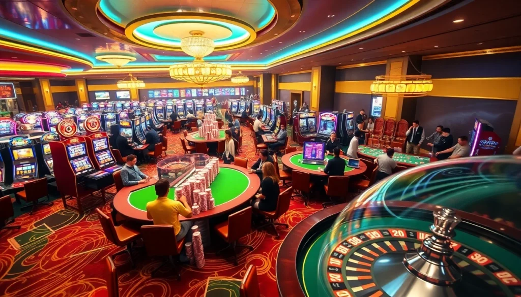 Experience the vibrant gambling world of KJC AC 1 with players enjoying casino tables and slot machines.