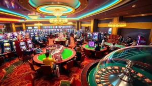 Experience the vibrant gambling world of KJC AC 1 with players enjoying casino tables and slot machines.