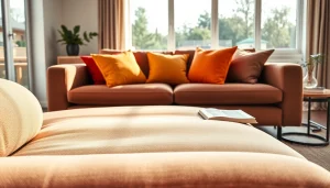 Relax on a stylish sofa bed with vibrant cushions, set in a cozy modern living room.