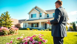 Real Estate agent showcasing a beautiful family home in a sunny neighborhood.