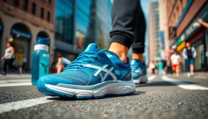 Man sporting the MV 88 shoes while jogging through a vibrant urban landscape.
