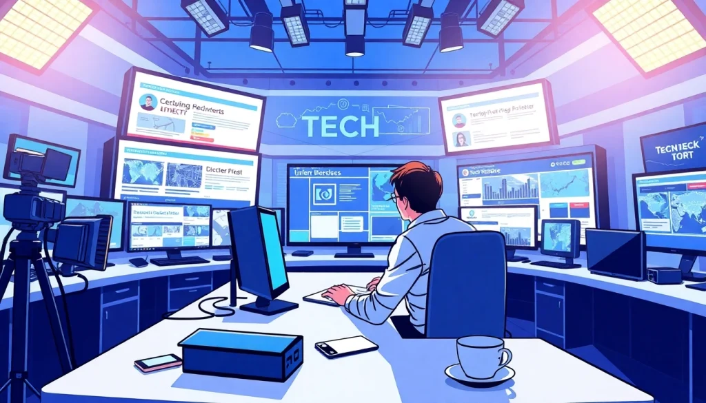 Reporters working on tech news in a modern newsroom studio with dynamic lighting.