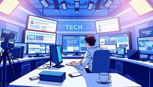 Reporters working on tech news in a modern newsroom studio with dynamic lighting.