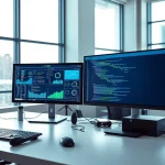 Showcase technology workspace with modern equipment and data displays, emphasizing innovation.