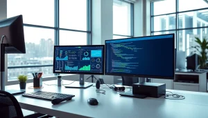 Showcase technology workspace with modern equipment and data displays, emphasizing innovation.