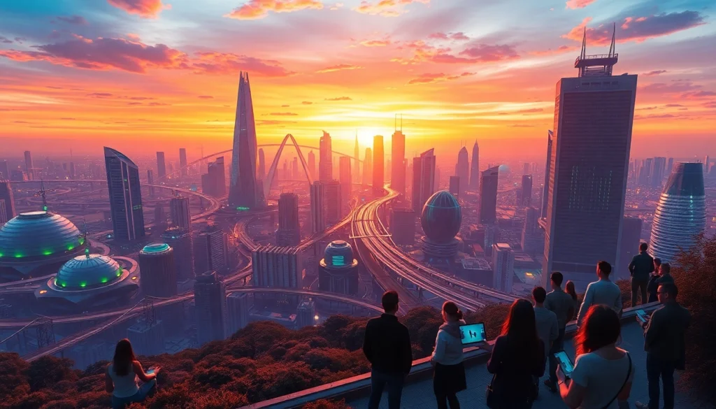 Experience the vision of https://www.trilgameshproject.com in a vibrant futuristic landscape.