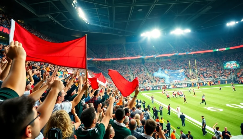 스포츠중계 생중계 장면에서 응원하는 팬들과 경기를 하는 선수들