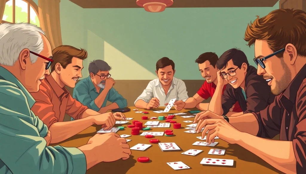 Players enjoying a lively Rummy nabob game at a table filled with colorful cards and chips.