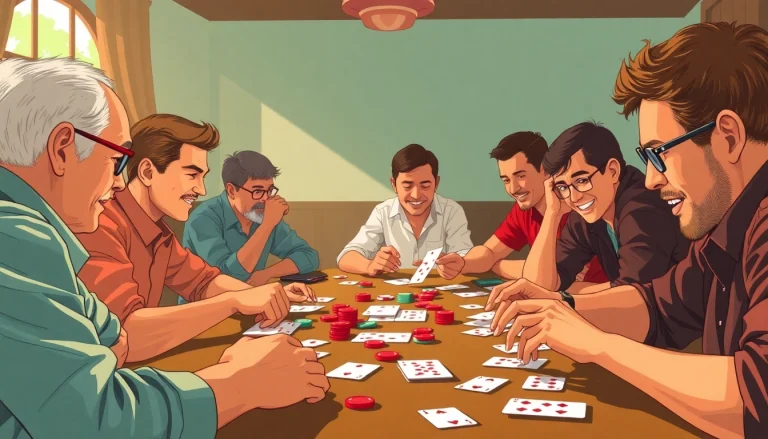 Players enjoying a lively Rummy nabob game at a table filled with colorful cards and chips.