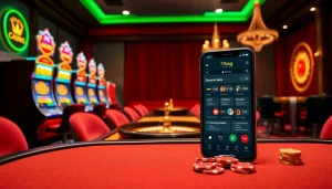 The 79king app displayed on a smartphone in a luxurious casino environment with roulette and slots.