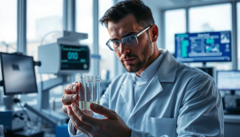 Scientist in a lab analyzing HGH FOR SALE samples with advanced medical equipment, portraying professionalism.