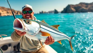 Catch of the day: Wahoo fishing Cabo San Lucas with a jubilant fisherman on a boat.