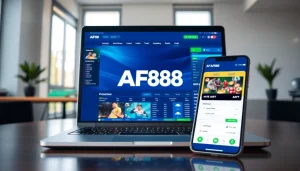 Online betting interface showcasing af88.com on laptop and smartphone with a dynamic gaming atmosphere.