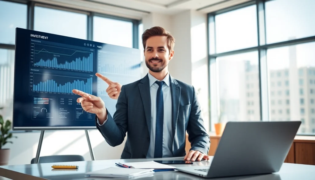 Berater von https://zukunftkapital.de zeigt Investitionsmöglichkeiten in einem modernen Büro.