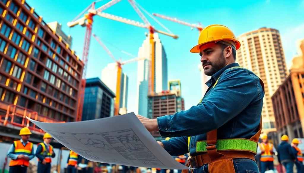 A New York City General Contractor actively managing a dynamic construction site amid urban architecture.