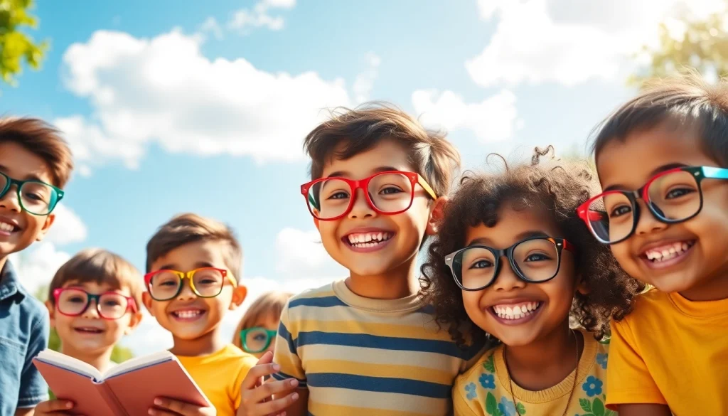 Children with glasses engaging in activities, promoting Our Children's Vision and eye health awareness.
